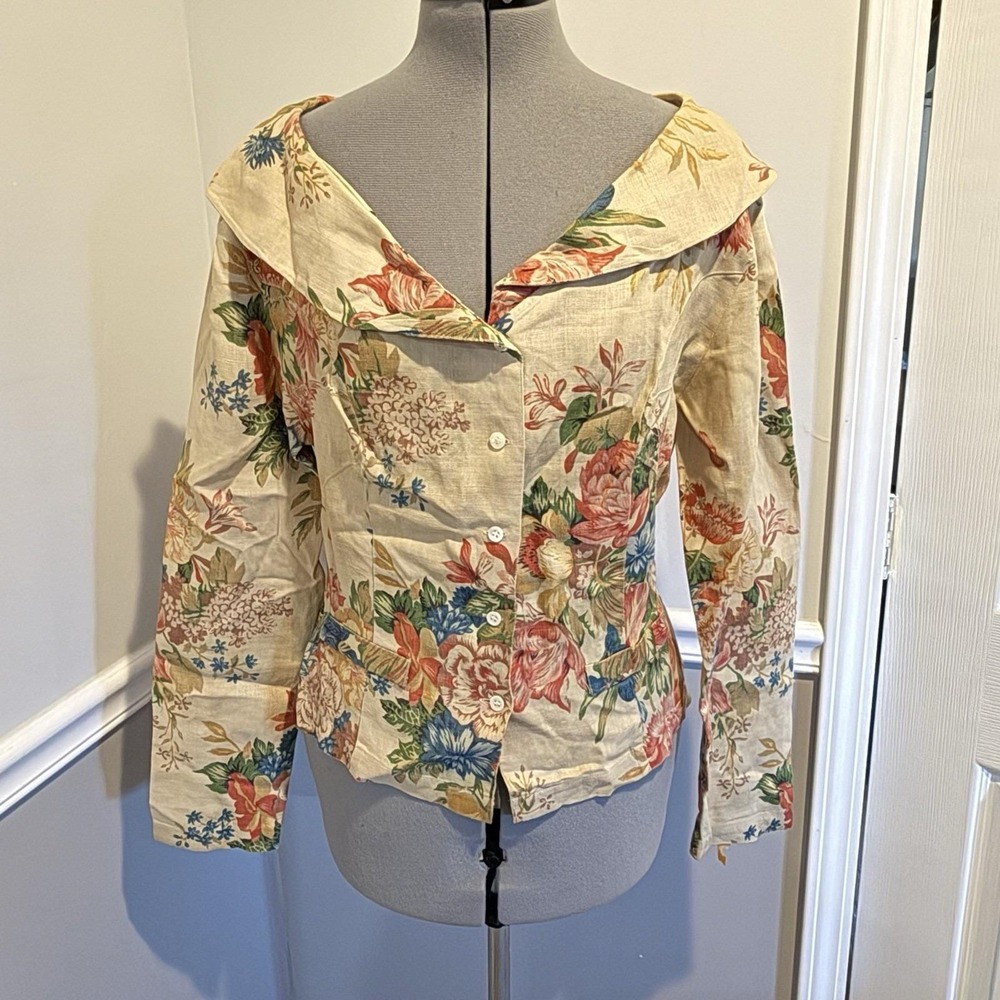 Adrienne Vittadini Vintage 80's 100% Linen Floral retro nostalgia Blazer Size 12